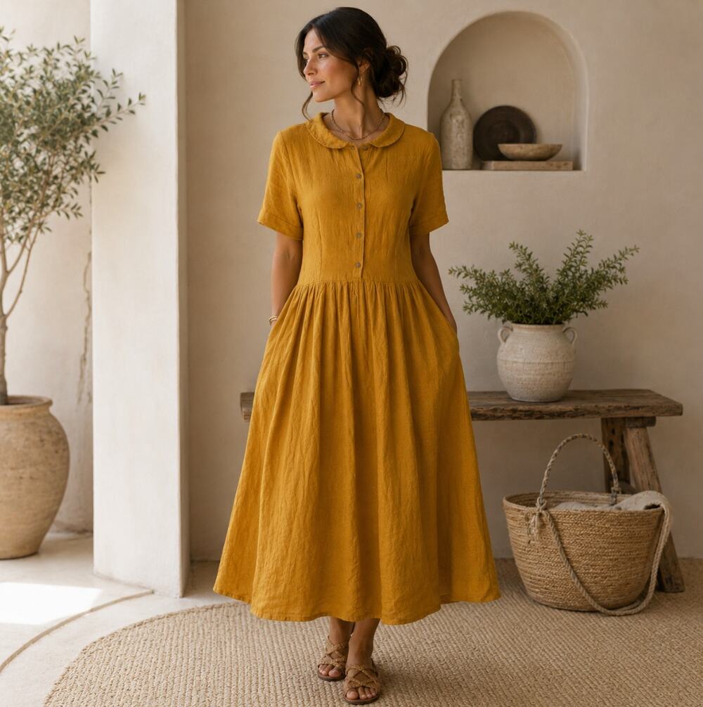 SON DE FLOR Linen Peter Pan Collar Maxi Dress Marigold Yellow Sz M {DD15}